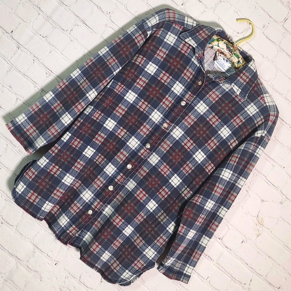 Vintage 80s Waffle Knit Blue Red Plaid Flannel Button Front Shirt Womens Small - Picture 4 of 16